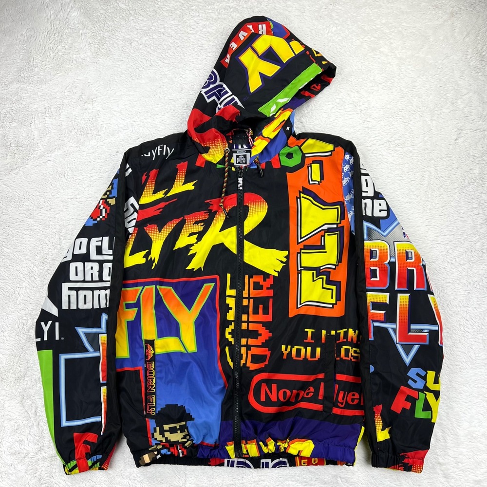 Born Fly Windbreaker Jacket Hooded Men's LARGE Black Full Zip Pixel‎ Art Logos